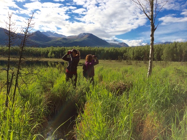 McKenna Hanson (left) and Lindsay Hermanns (right) surveying Basher Lakes in Anchorage, 2014.